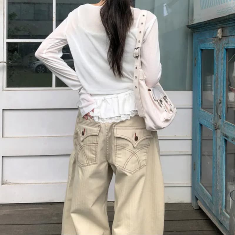대 화물 선물 어둠 곡물 레트로 캐주얼 다용도 루즈핏 넓은 다리 워크웨어 팬츠 이미지 5