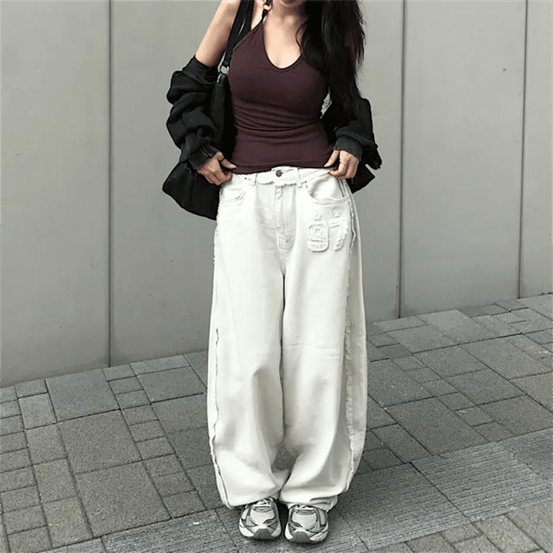 지금 레트로 워싱 연삭 화이트 거친 가장자리 모통이 칼 와이드 레그 팬츠 데님 긴 바지