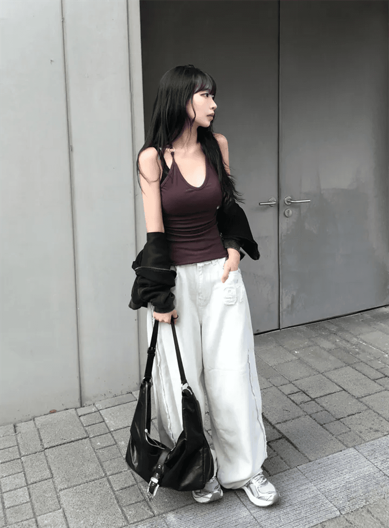 지금 레트로 워싱 연삭 화이트 거친 가장자리 모통이 칼 와이드 레그 팬츠 데님 긴 바지 상세 이미지 9