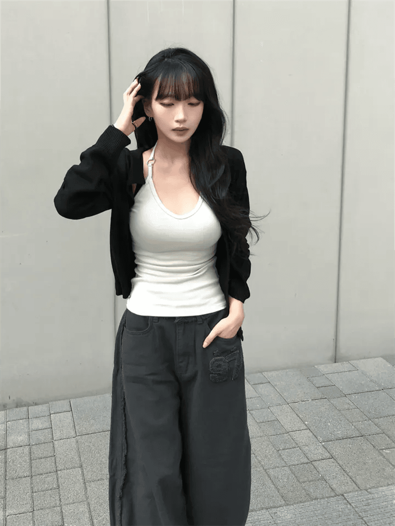 지금 레트로 워싱 연삭 화이트 거친 가장자리 모통이 칼 와이드 레그 팬츠 데님 긴 바지 상세 이미지 26