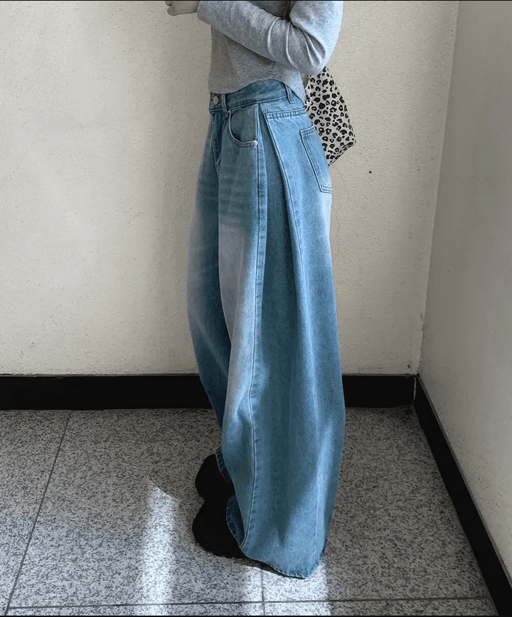 삼색 지금 양면 대 주름 루즈핏 넓은 다리 청바지 이미지 4