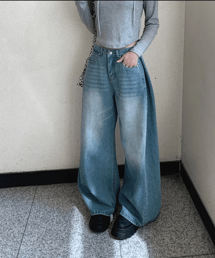 삼색 지금 양면 대 주름 루즈핏 넓은 다리 청바지 상세 이미지 1