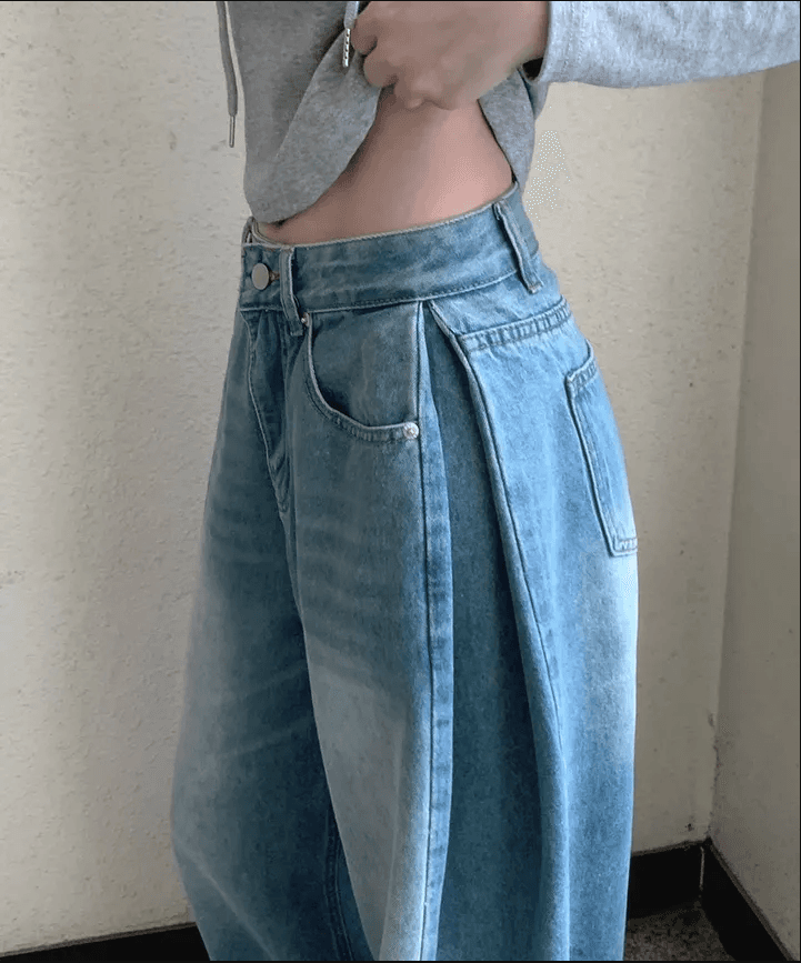 삼색 지금 양면 대 주름 루즈핏 넓은 다리 청바지 상세 이미지 6