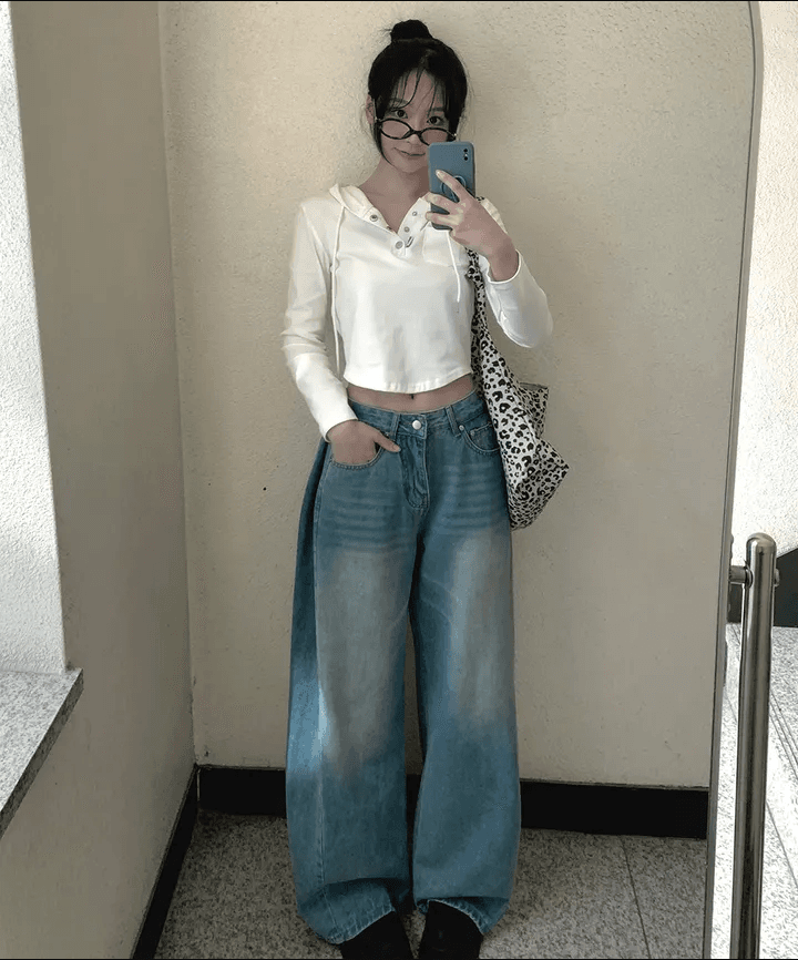 삼색 지금 양면 대 주름 루즈핏 넓은 다리 청바지 상세 이미지 9