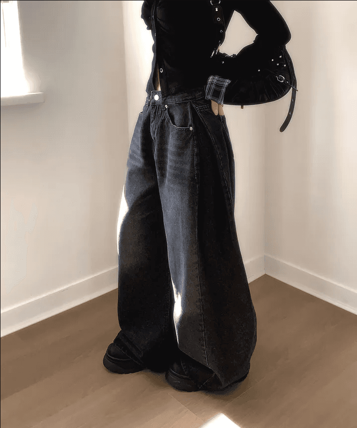 삼색 지금 양면 대 주름 루즈핏 넓은 다리 청바지 상세 이미지 18