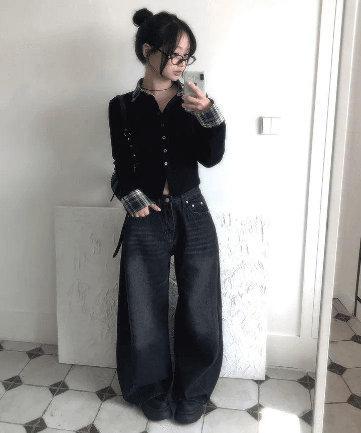 삼색 지금 양면 대 주름 루즈핏 넓은 다리 청바지 상세 이미지 21