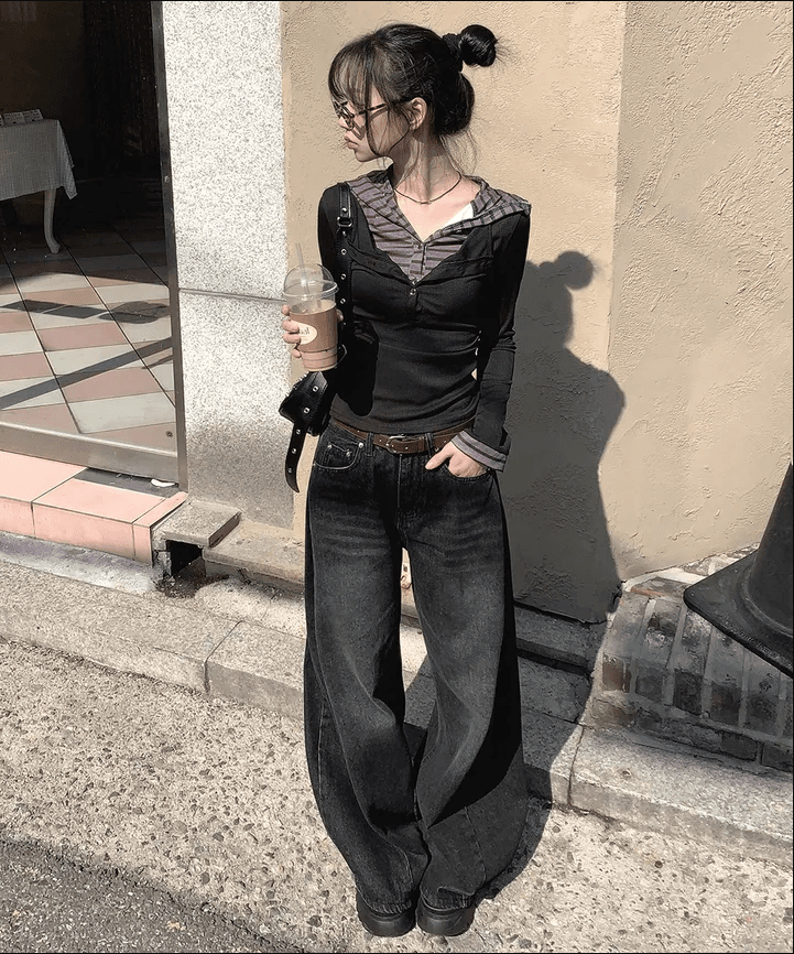 삼색 지금 양면 대 주름 루즈핏 넓은 다리 청바지 상세 이미지 22