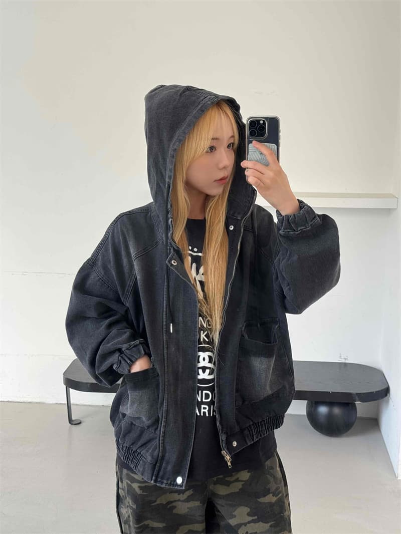 지금 세련된 레트로 재킷 후드 바람막이 데님 재킷 이미지 2