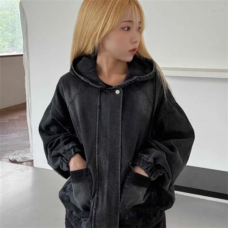 지금 세련된 레트로 재킷 후드 바람막이 데님 재킷 상세 이미지 2