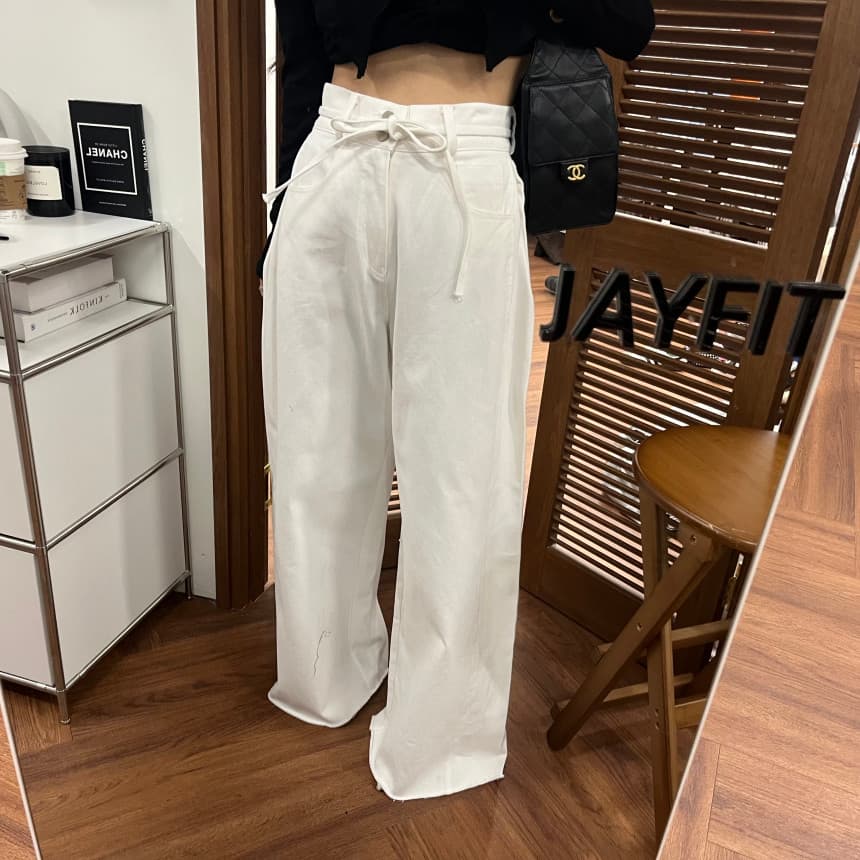 4 가지 색상 지금 봄 새로운 신제품 여성 의류 단색 두 버클 압축 압력 라인 거친 가장자리 청바지 이미지 2