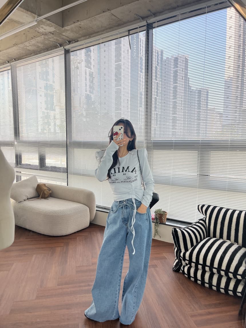 4 가지 색상 지금 봄 새로운 신제품 여성 의류 단색 두 버클 압축 압력 라인 거친 가장자리 청바지 상세 이미지 9