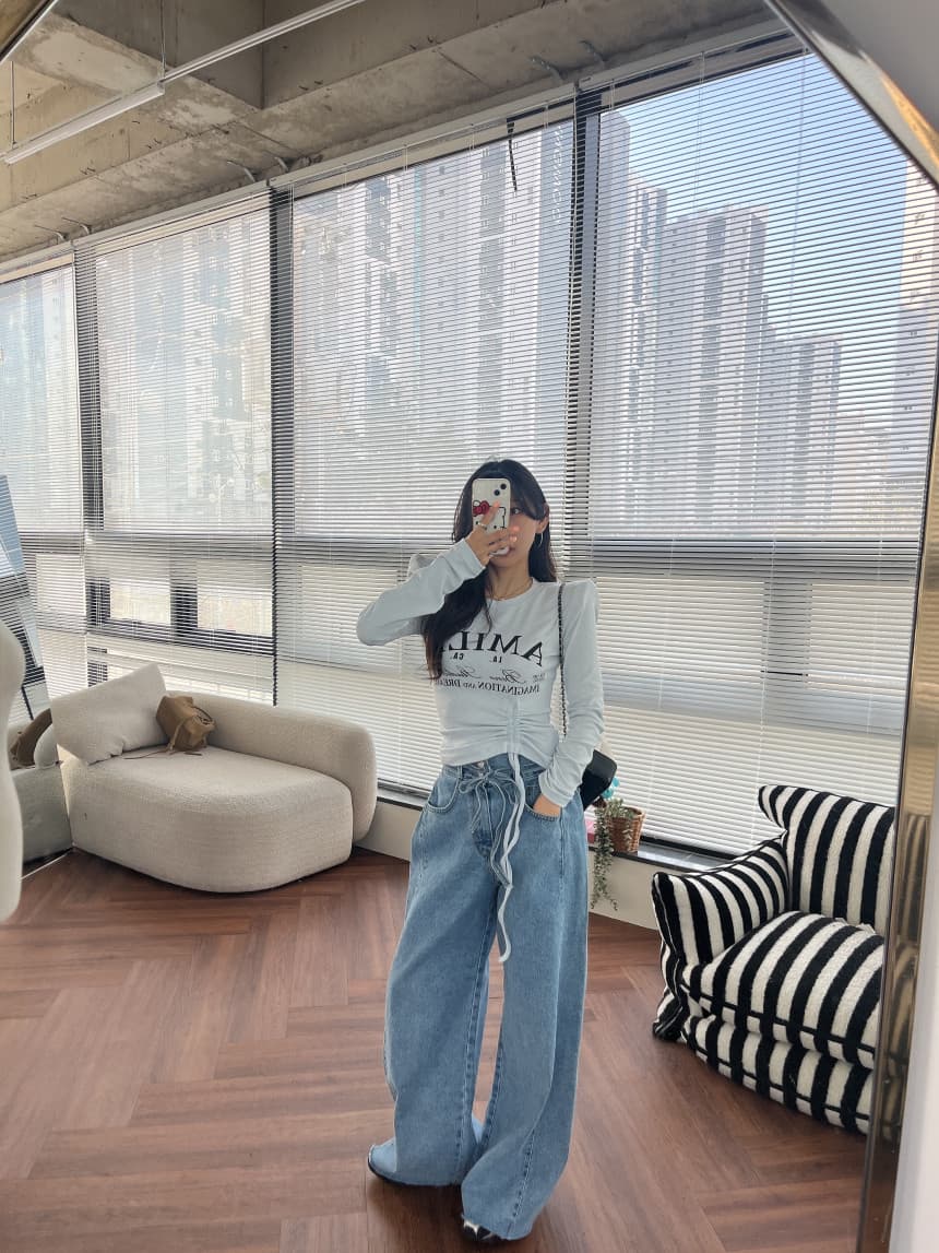 4 가지 색상 지금 봄 새로운 신제품 여성 의류 단색 두 버클 압축 압력 라인 거친 가장자리 청바지 상세 이미지 11
