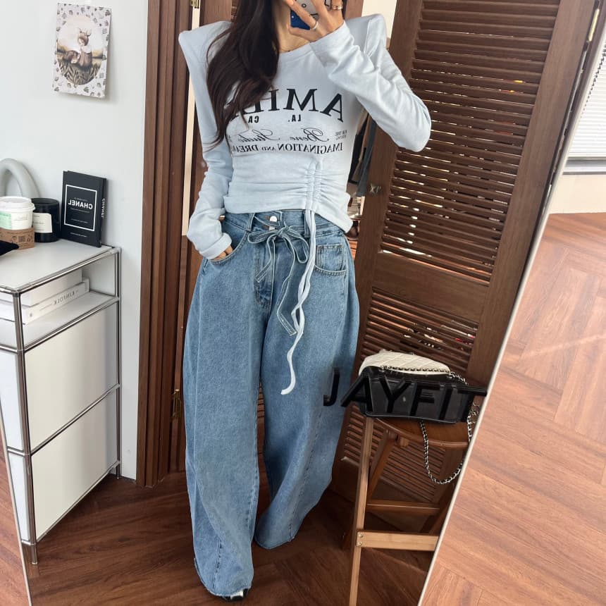 4 가지 색상 지금 봄 새로운 신제품 여성 의류 단색 두 버클 압축 압력 라인 거친 가장자리 청바지 상세 이미지 12