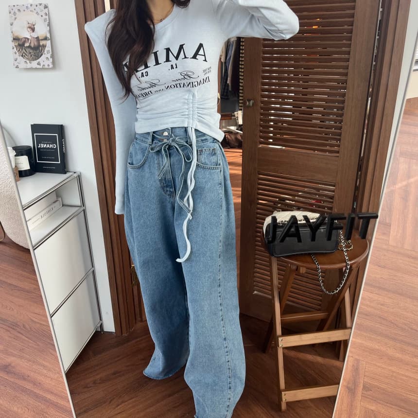 4 가지 색상 지금 봄 새로운 신제품 여성 의류 단색 두 버클 압축 압력 라인 거친 가장자리 청바지 상세 이미지 13