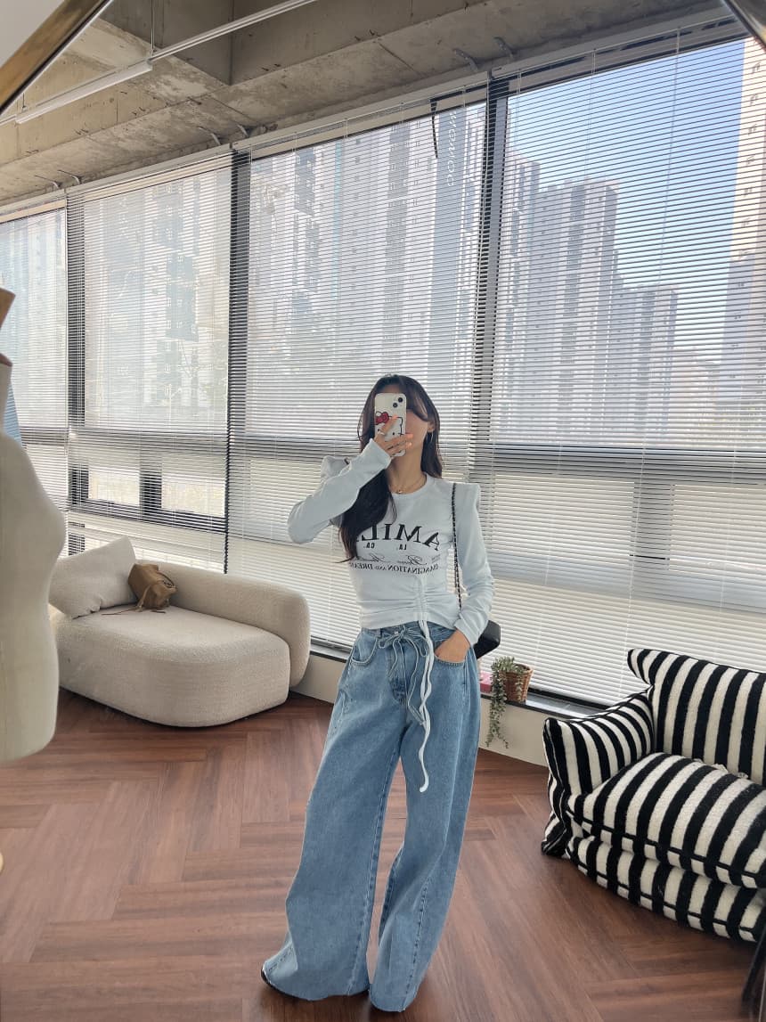 4 가지 색상 지금 봄 새로운 신제품 여성 의류 단색 두 버클 압축 압력 라인 거친 가장자리 청바지 상세 이미지 14