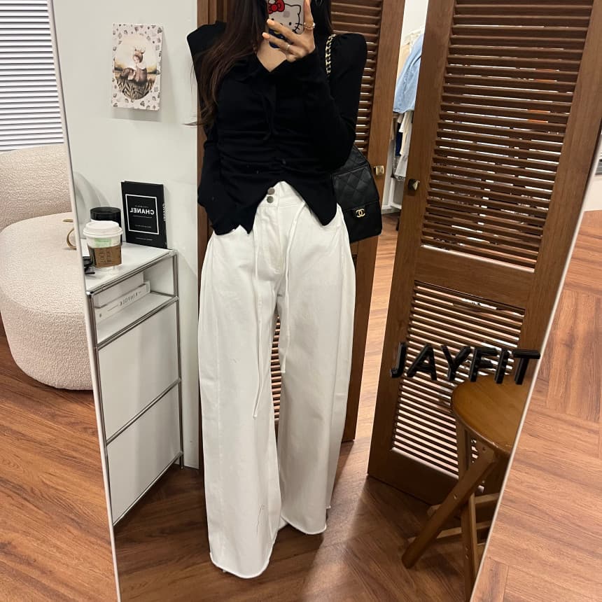 4 가지 색상 지금 봄 새로운 신제품 여성 의류 단색 두 버클 압축 압력 라인 거친 가장자리 청바지 상세 이미지 35
