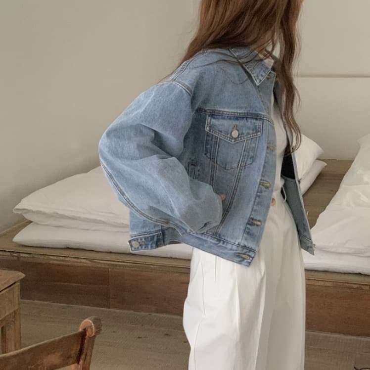 지금 레트로 워싱 폴로 칼라 루즈핏 데님 재킷