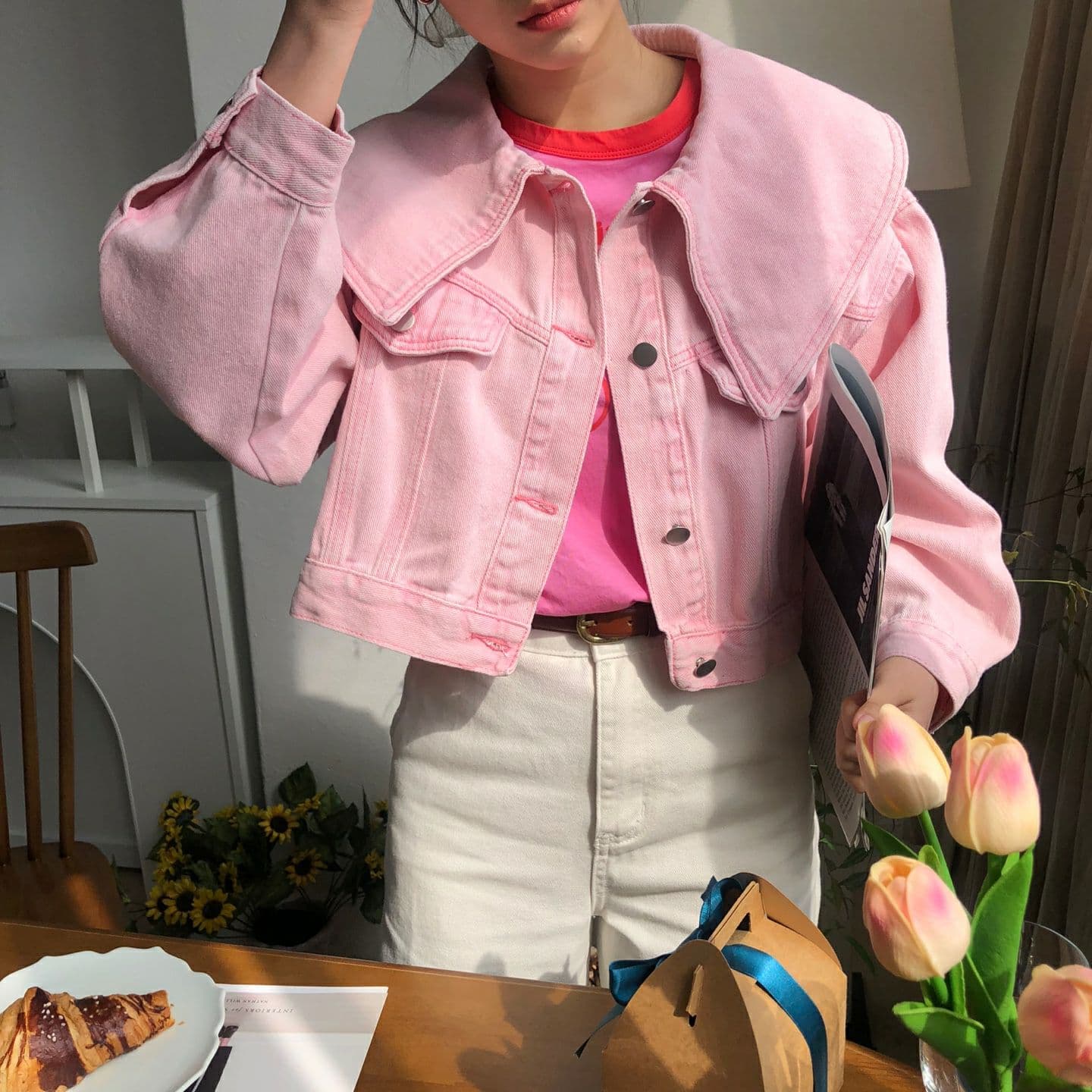 봄철 색상 루즈핏 종류 싱글 줄 버튼 데님 재킷 이미지 2