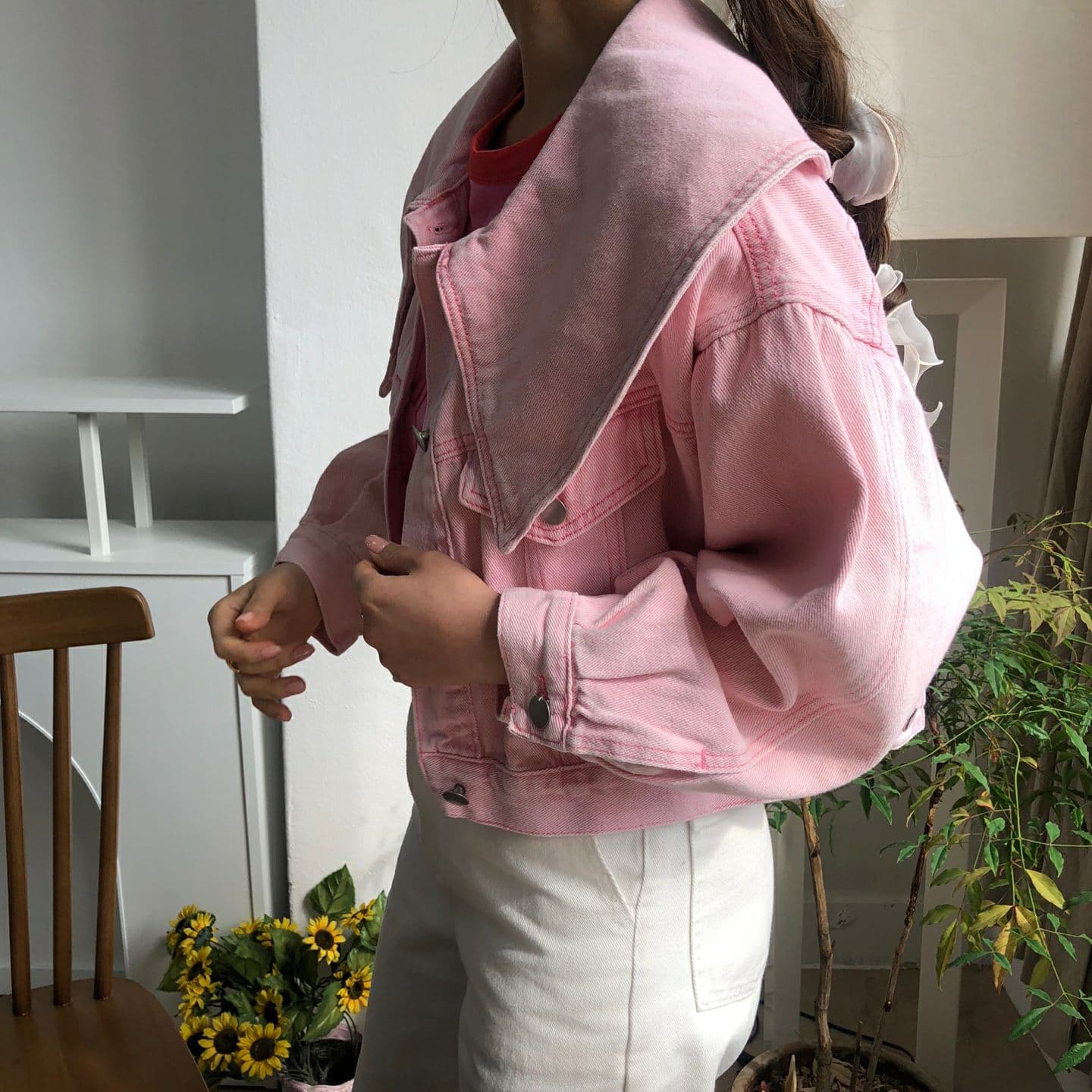 봄철 색상 루즈핏 종류 싱글 줄 버튼 데님 재킷 이미지 4