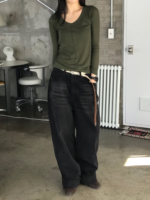 선물 심장 패치 검정색 와이드 폭 소나무 넓은 다리 청바지 상세 이미지 7