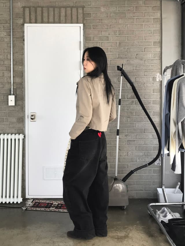 선물 심장 패치 검정색 와이드 폭 소나무 넓은 다리 청바지 상세 이미지 9