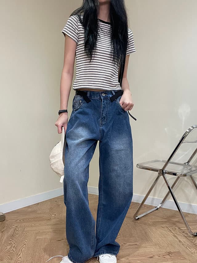 선물 레트로 하이웨이스트 조정 벨트 연삭 화이트 바늘 Pleat 넓은 다리 데님 긴 바지 상세 이미지 10