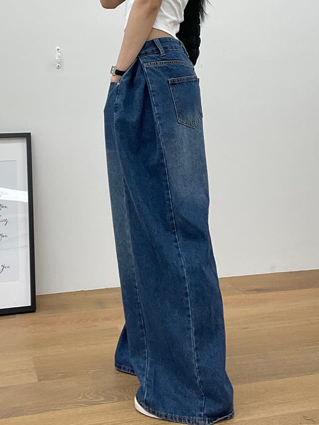 삼색 지금 양면 대 주름 루즈핏 넓은 다리 청바지 이미지 2