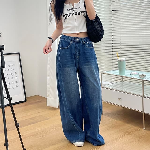 삼색 지금 양면 대 주름 루즈핏 넓은 다리 청바지