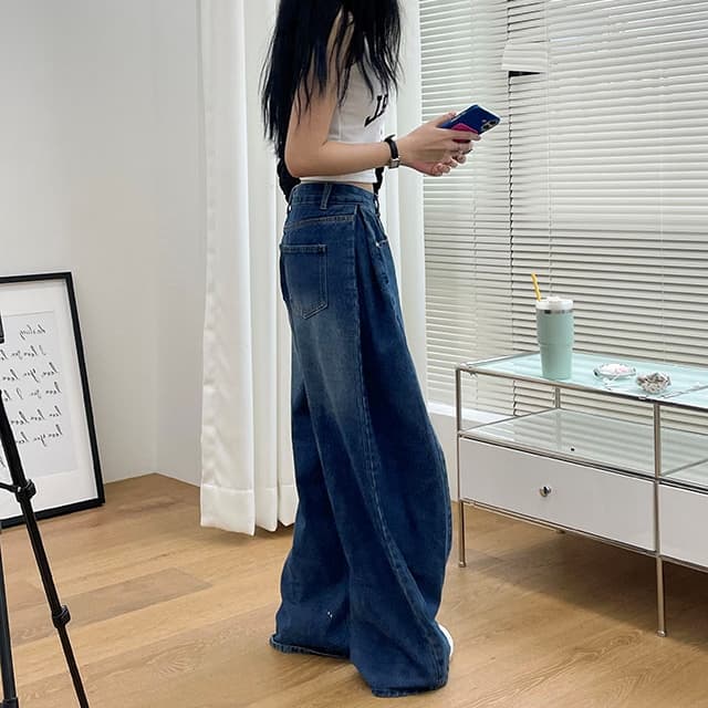 삼색 지금 양면 대 주름 루즈핏 넓은 다리 청바지 상세 이미지 3