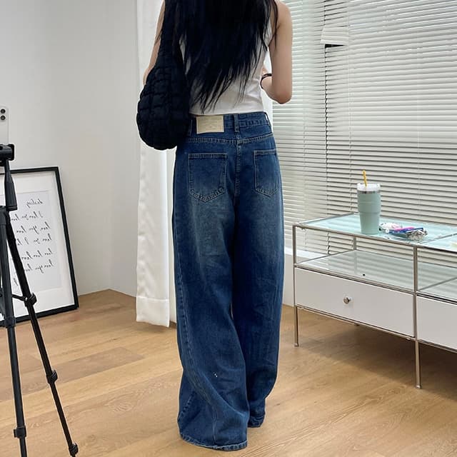 삼색 지금 양면 대 주름 루즈핏 넓은 다리 청바지 상세 이미지 4
