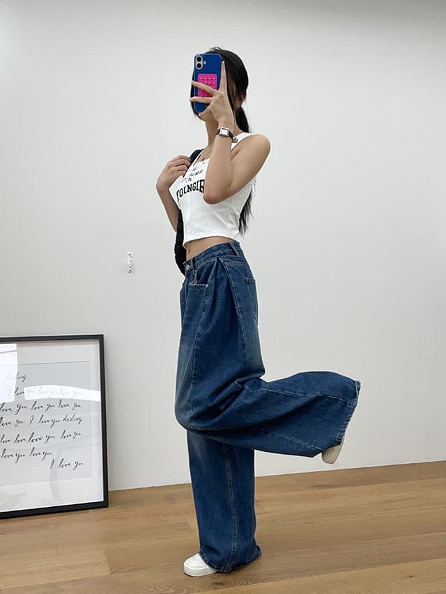 삼색 지금 양면 대 주름 루즈핏 넓은 다리 청바지 상세 이미지 14