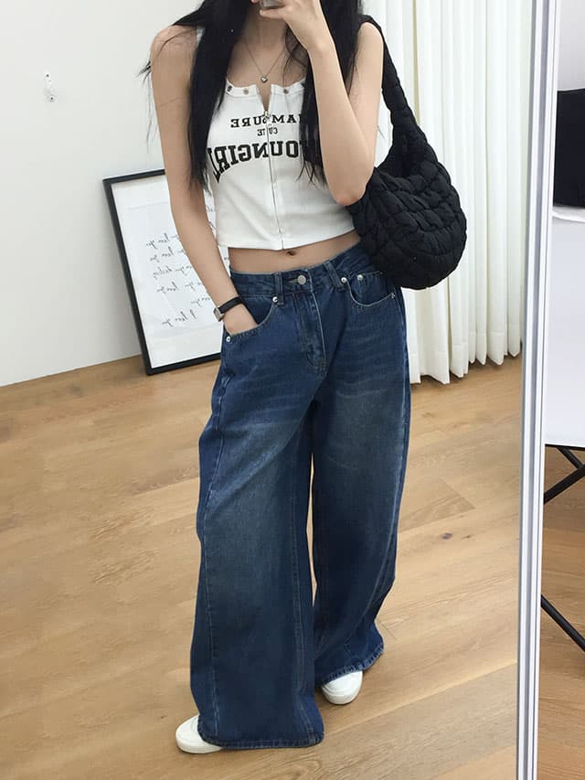 삼색 지금 양면 대 주름 루즈핏 넓은 다리 청바지 상세 이미지 21
