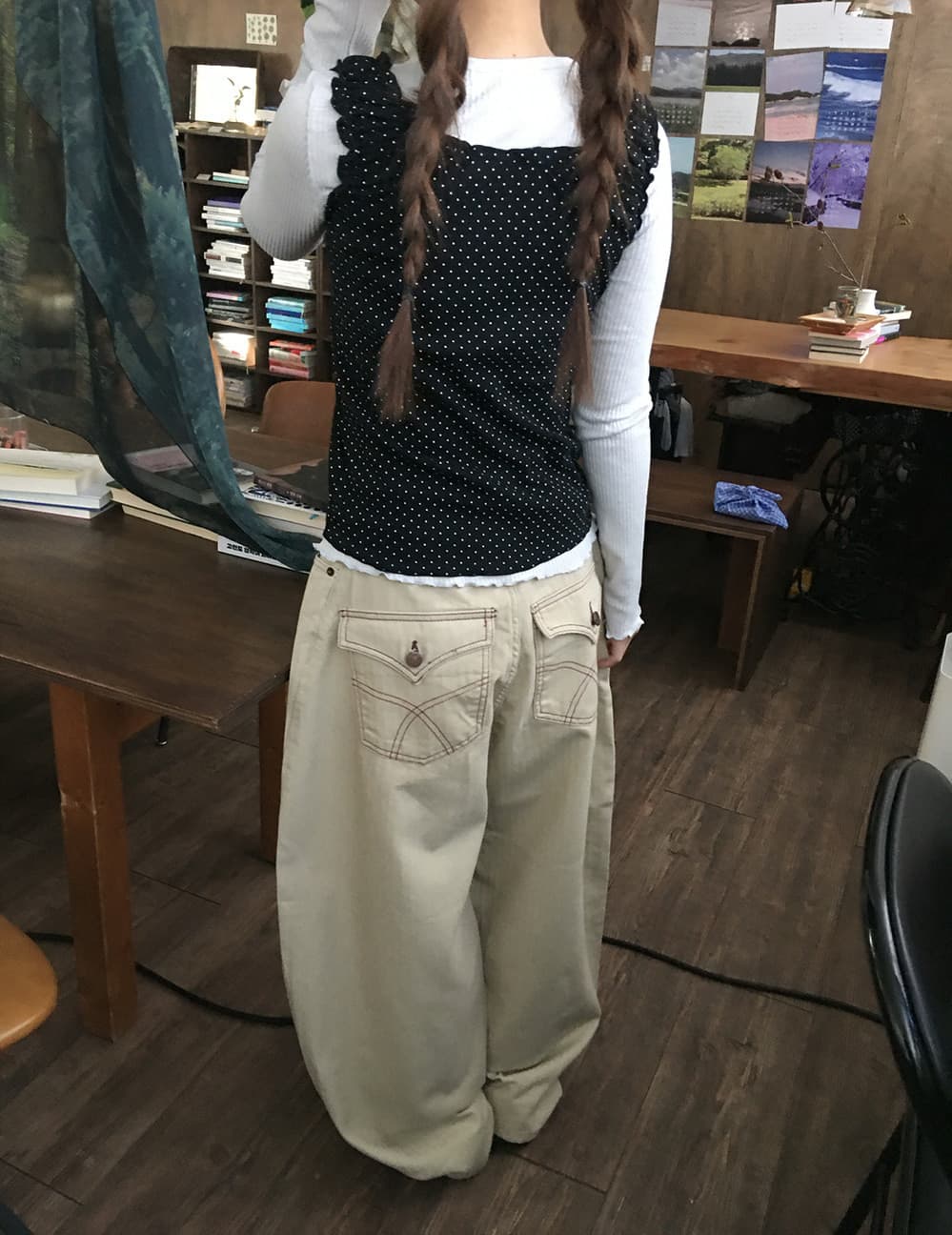지금 살구 색상 검정색 어둠 곡물 레트로 캐주얼 다용도 루즈핏 넓은 다리 워크웨어 팬츠 상세 이미지 2