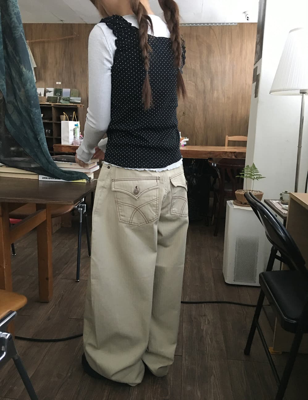 지금 살구 색상 검정색 어둠 곡물 레트로 캐주얼 다용도 루즈핏 넓은 다리 워크웨어 팬츠 상세 이미지 3
