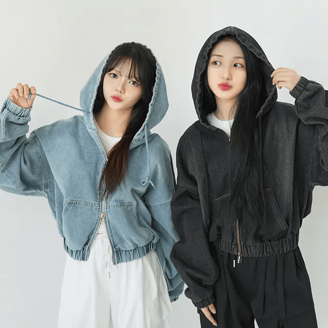 지금 거리 차가운 센스 스탠드 칼라 후드 데님 재킷 이미지 3