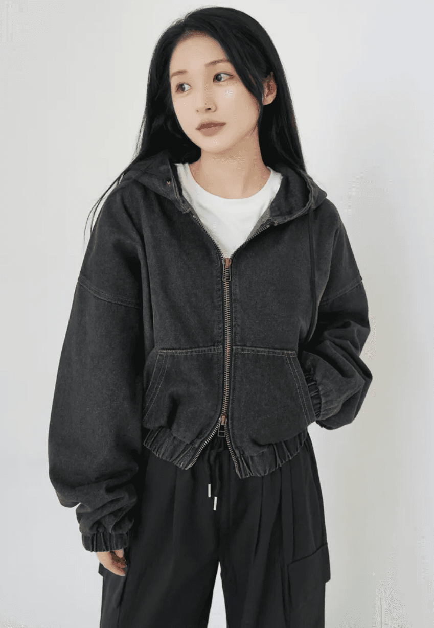 지금 거리 차가운 센스 스탠드 칼라 후드 데님 재킷 이미지 4