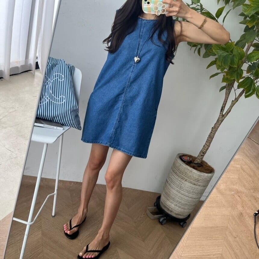 지금 민소매 루즈핏 데님 조끼 원피스 상세 이미지 1