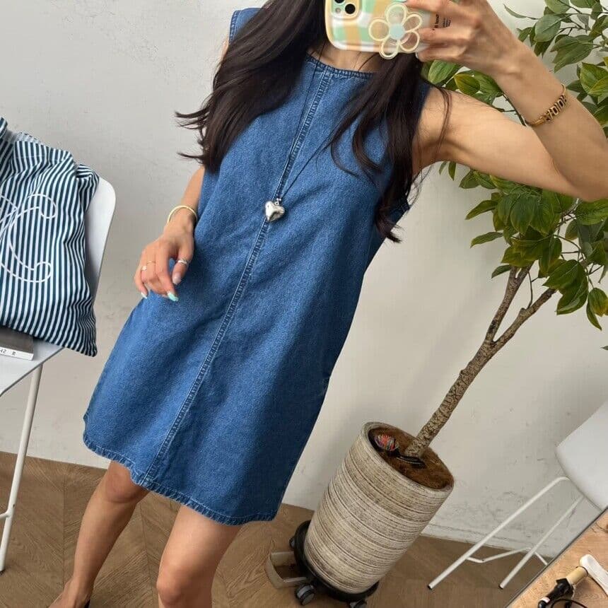 지금 민소매 루즈핏 데님 조끼 원피스 상세 이미지 5