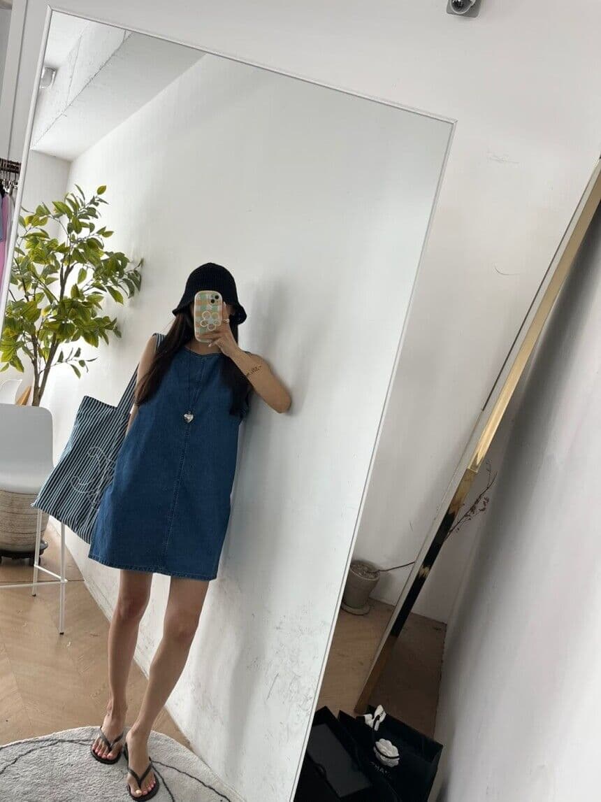 지금 민소매 루즈핏 데님 조끼 원피스 상세 이미지 11