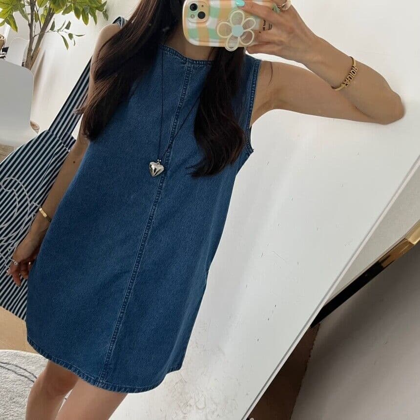 지금 민소매 루즈핏 데님 조끼 원피스 상세 이미지 12