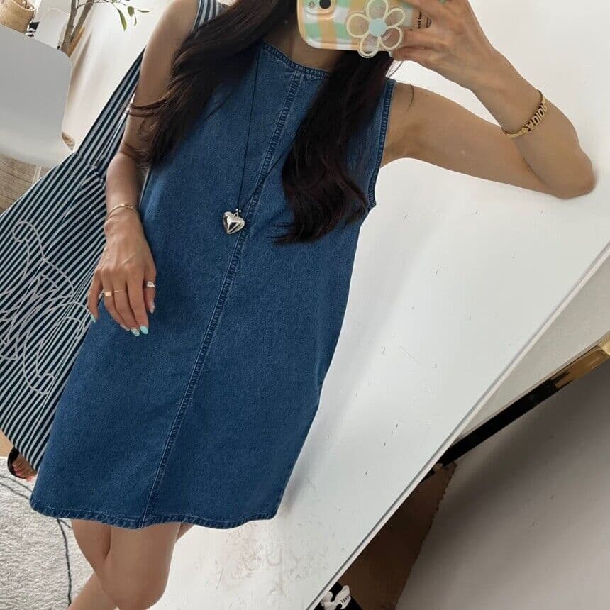 지금 민소매 루즈핏 데님 조끼 원피스 상세 이미지 19