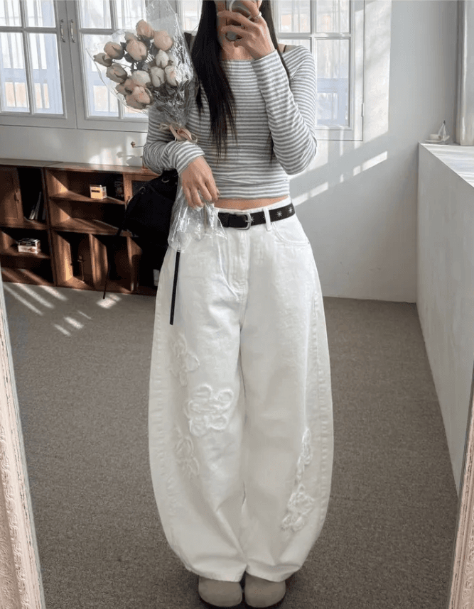 지금 자수 꽃 워크웨어 바람 루즈핏 바닥 청소 슬림해 보이는 모통이 칼 와이드 레그 팬츠 캐주얼 긴 바지 상세 이미지 2