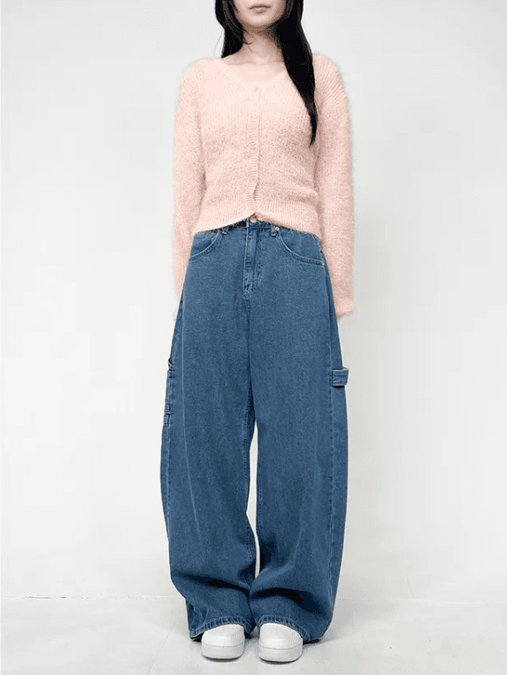 지금 체크무늬 알파벳 콜라주 풍선 넓은 다리 루즈핏 청바지 상세 이미지 11