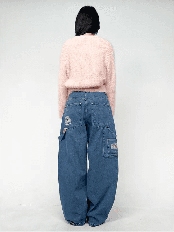 지금 체크무늬 알파벳 콜라주 풍선 넓은 다리 루즈핏 청바지 상세 이미지 12
