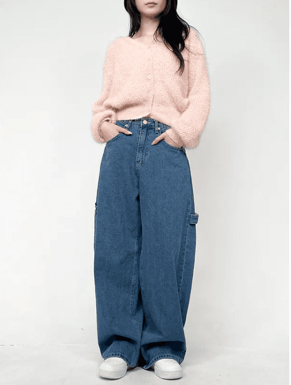 지금 체크무늬 알파벳 콜라주 풍선 넓은 다리 루즈핏 청바지 상세 이미지 13