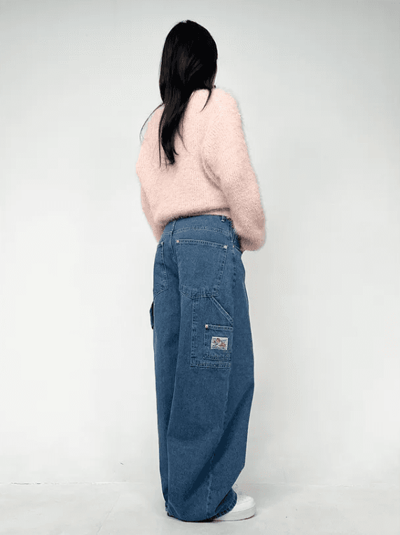 지금 체크무늬 알파벳 콜라주 풍선 넓은 다리 루즈핏 청바지 상세 이미지 14