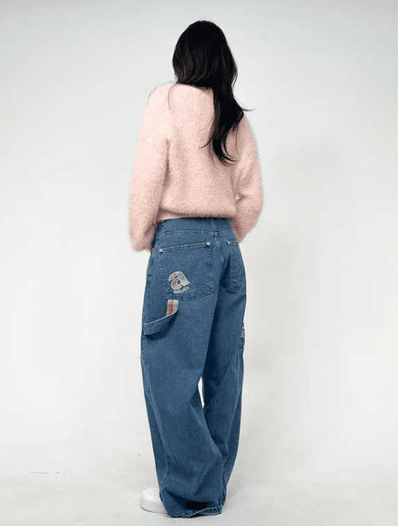 지금 체크무늬 알파벳 콜라주 풍선 넓은 다리 루즈핏 청바지 상세 이미지 15