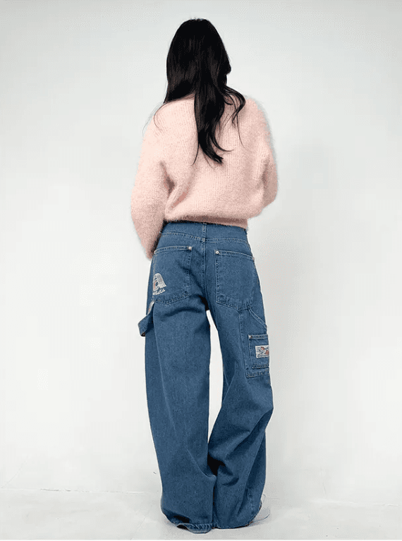 지금 체크무늬 알파벳 콜라주 풍선 넓은 다리 루즈핏 청바지 상세 이미지 16