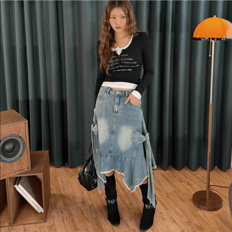 마 오래된 워싱 다용도 측면 나비 매듭 표지 넓적 다리 거친 가장자리 반신 데님 스커트 상세 이미지 6