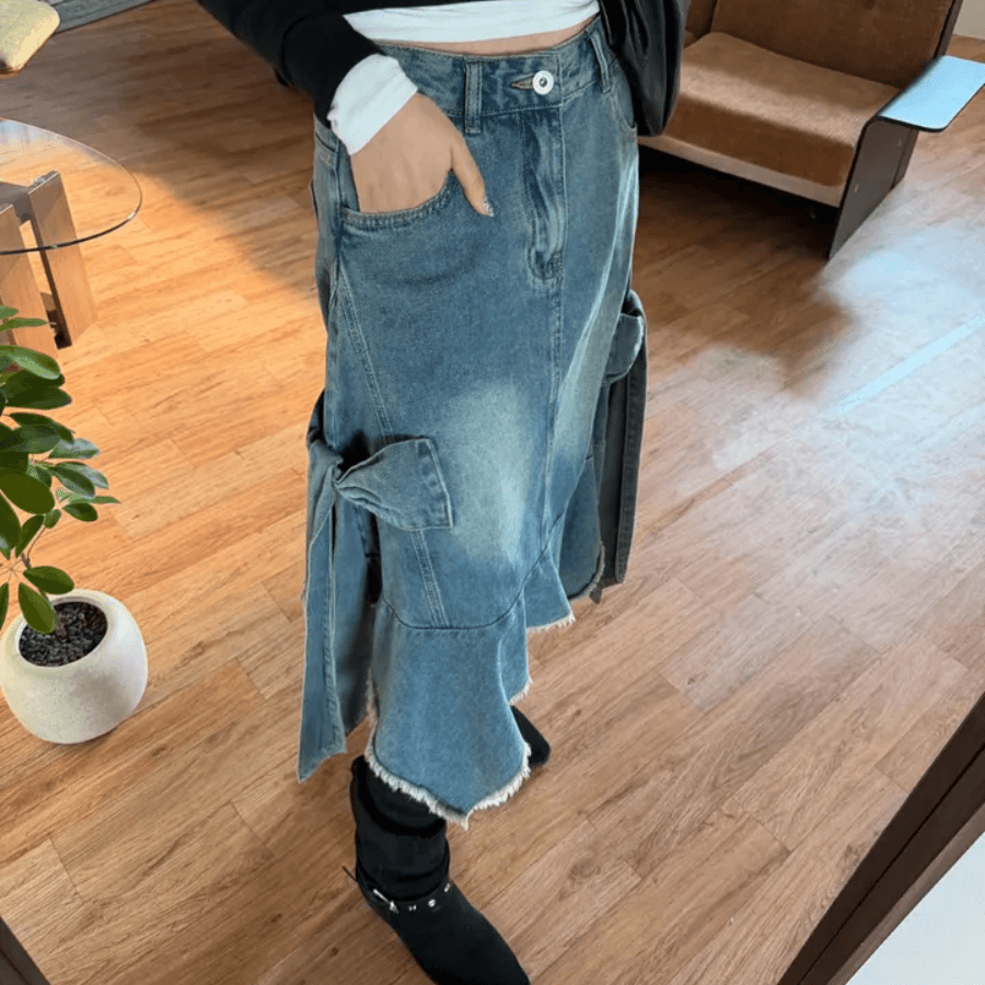 마 오래된 워싱 다용도 측면 나비 매듭 표지 넓적 다리 거친 가장자리 반신 데님 스커트 상세 이미지 7